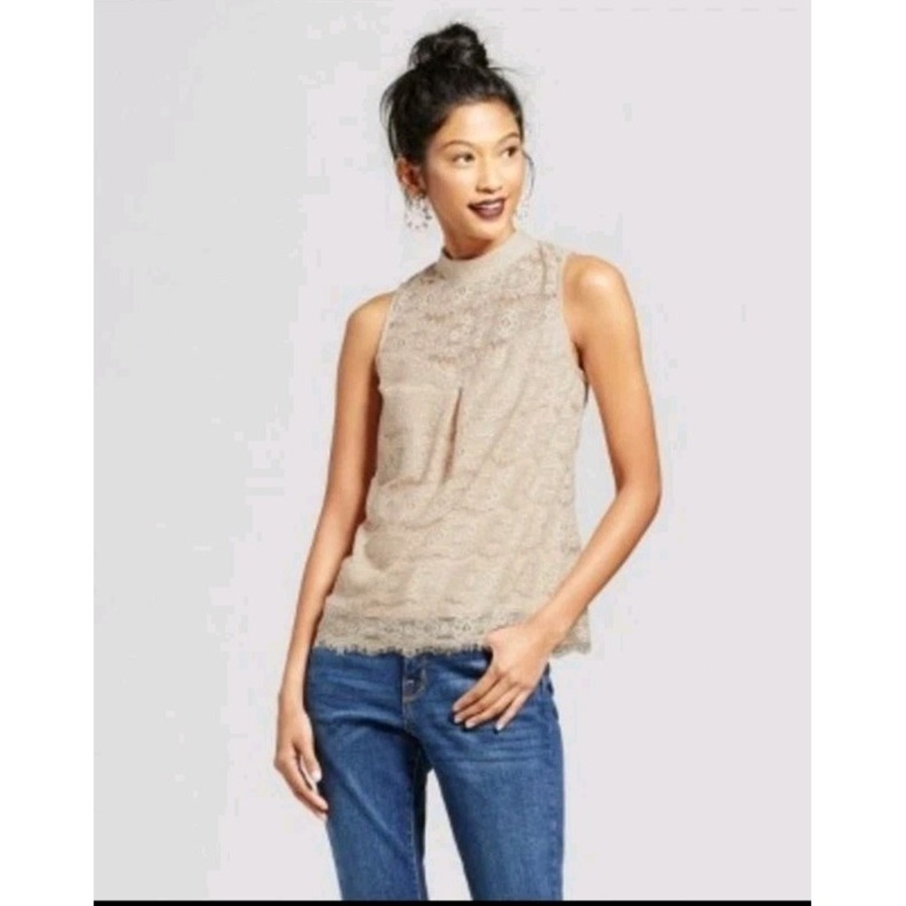 Sleeveless Lace Top, Mock Neck, Women's Large, Cream Ivory, New! Lily White